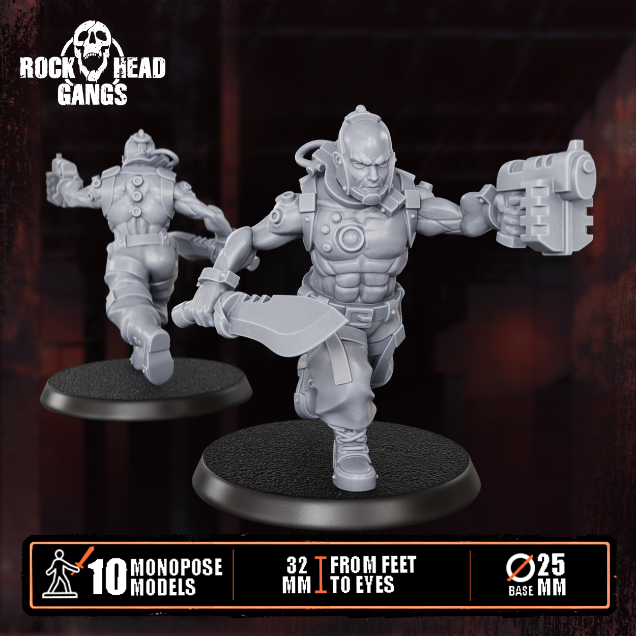 Render of The Meathook Mob | 32mm Zealot Gang Sci-Fi Proxy: A gang of 10 sci-fi masked executioners with cleavers, axes, and autopistols. 3D printed resin, used as a Redemptionist or zealot gang proxy.