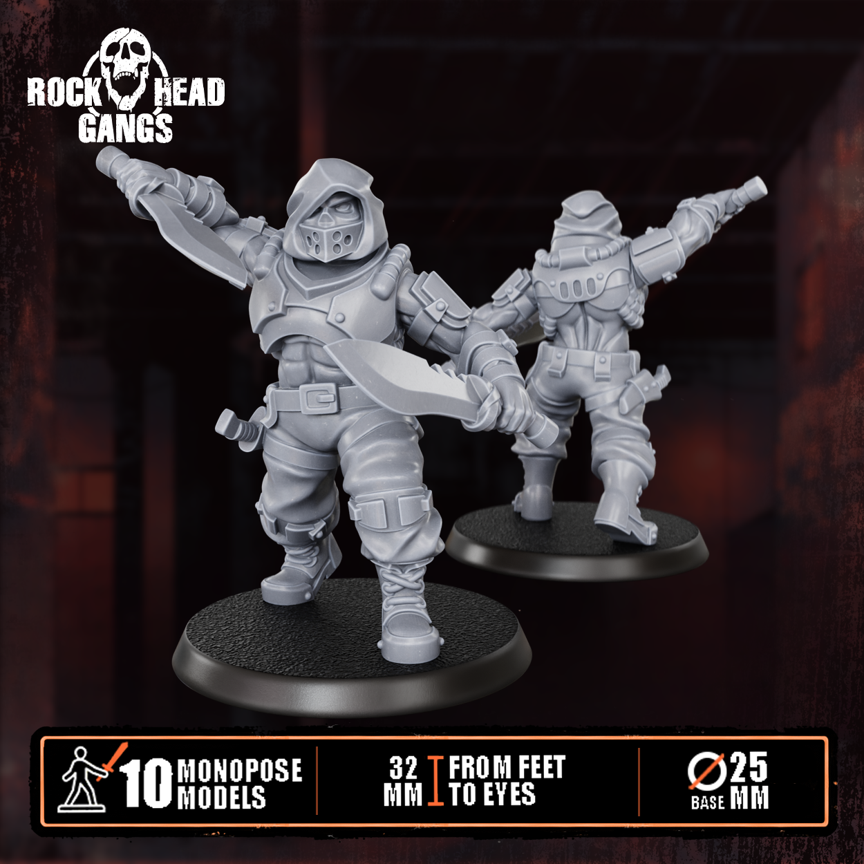 Render of The Meathook Mob | 32mm Zealot Gang Sci-Fi Proxy: A gang of 10 sci-fi masked executioners with cleavers, axes, and autopistols. 3D printed resin, used as a Redemptionist or zealot gang proxy.