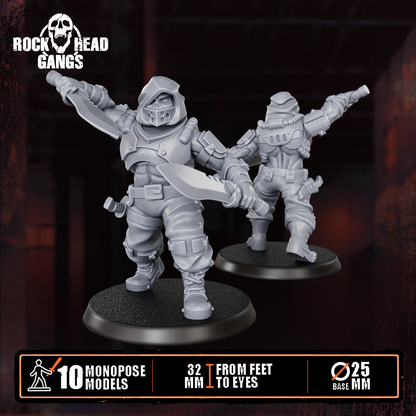 Render of The Meathook Mob | 32mm Zealot Gang Sci-Fi Proxy: A gang of 10 sci-fi masked executioners with cleavers, axes, and autopistols. 3D printed resin, used as a Redemptionist or zealot gang proxy.