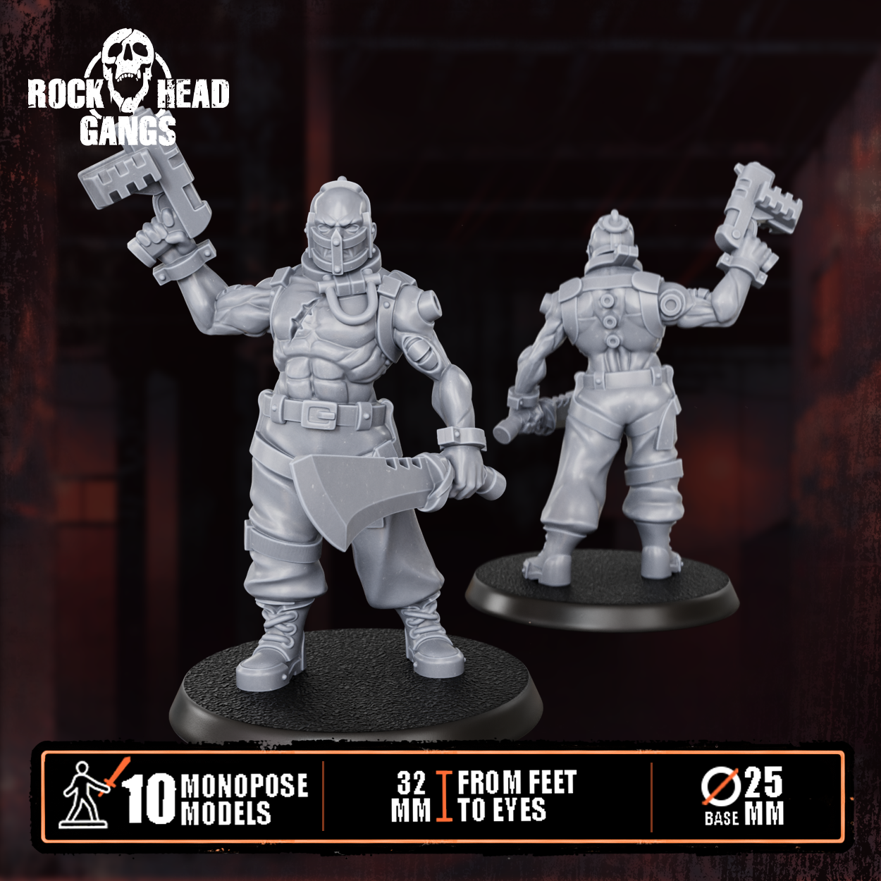 Render of The Meathook Mob | 32mm Zealot Gang Sci-Fi Proxy: A gang of 10 sci-fi masked executioners with cleavers, axes, and autopistols. 3D printed resin, used as a Redemptionist or zealot gang proxy.
