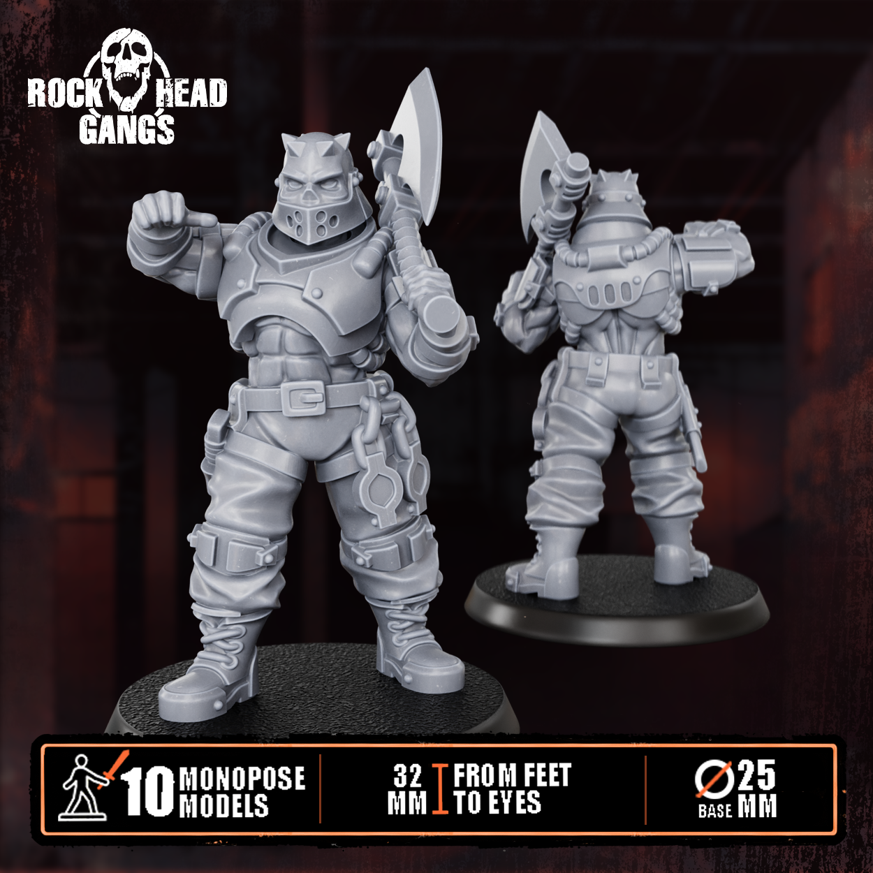 Render of The Meathook Mob | 32mm Zealot Gang Sci-Fi Proxy: A gang of 10 sci-fi masked executioners with cleavers, axes, and autopistols. 3D printed resin, used as a Redemptionist or zealot gang proxy.