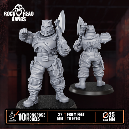 Render of The Meathook Mob | 32mm Zealot Gang Sci-Fi Proxy: A gang of 10 sci-fi masked executioners with cleavers, axes, and autopistols. 3D printed resin, used as a Redemptionist or zealot gang proxy.