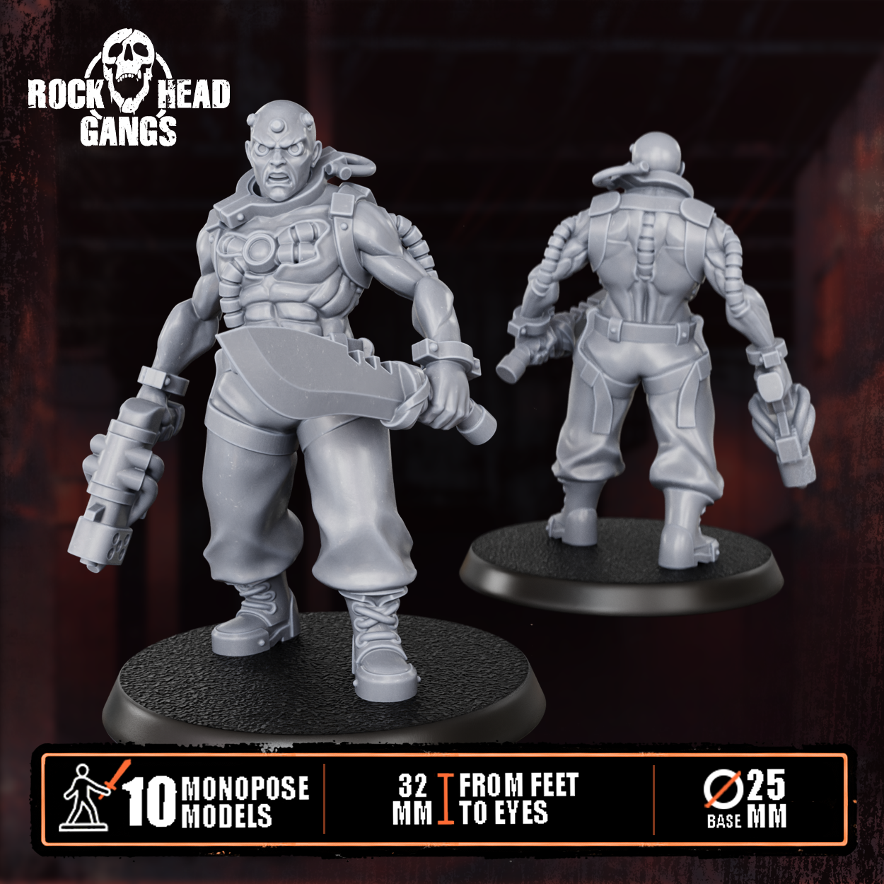 Render of The Meathook Mob | 32mm Zealot Gang Sci-Fi Proxy: A gang of 10 sci-fi masked executioners with cleavers, axes, and autopistols. 3D printed resin, used as a Redemptionist or zealot gang proxy.