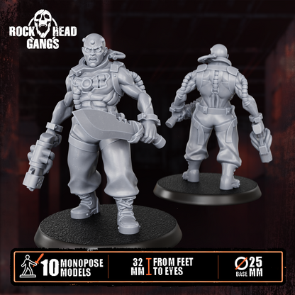 Render of The Meathook Mob | 32mm Zealot Gang Sci-Fi Proxy: A gang of 10 sci-fi masked executioners with cleavers, axes, and autopistols. 3D printed resin, used as a Redemptionist or zealot gang proxy.