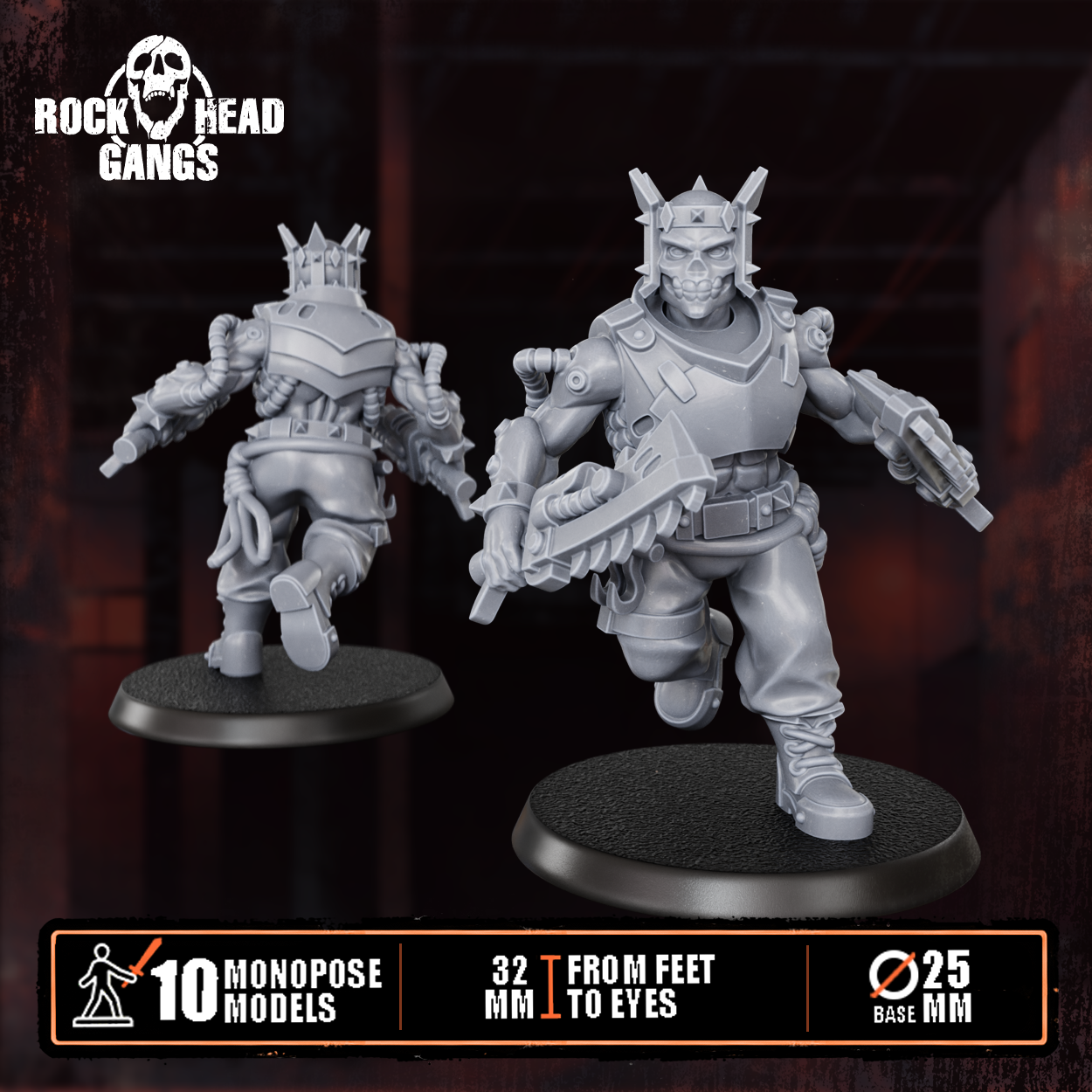 Render of The Meathook Mob | 32mm Zealot Gang Sci-Fi Proxy: A gang of 10 sci-fi masked executioners with cleavers, axes, and autopistols. 3D printed resin, used as a Redemptionist or zealot gang proxy.