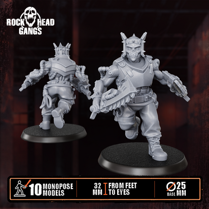 Render of The Meathook Mob | 32mm Zealot Gang Sci-Fi Proxy: A gang of 10 sci-fi masked executioners with cleavers, axes, and autopistols. 3D printed resin, used as a Redemptionist or zealot gang proxy.