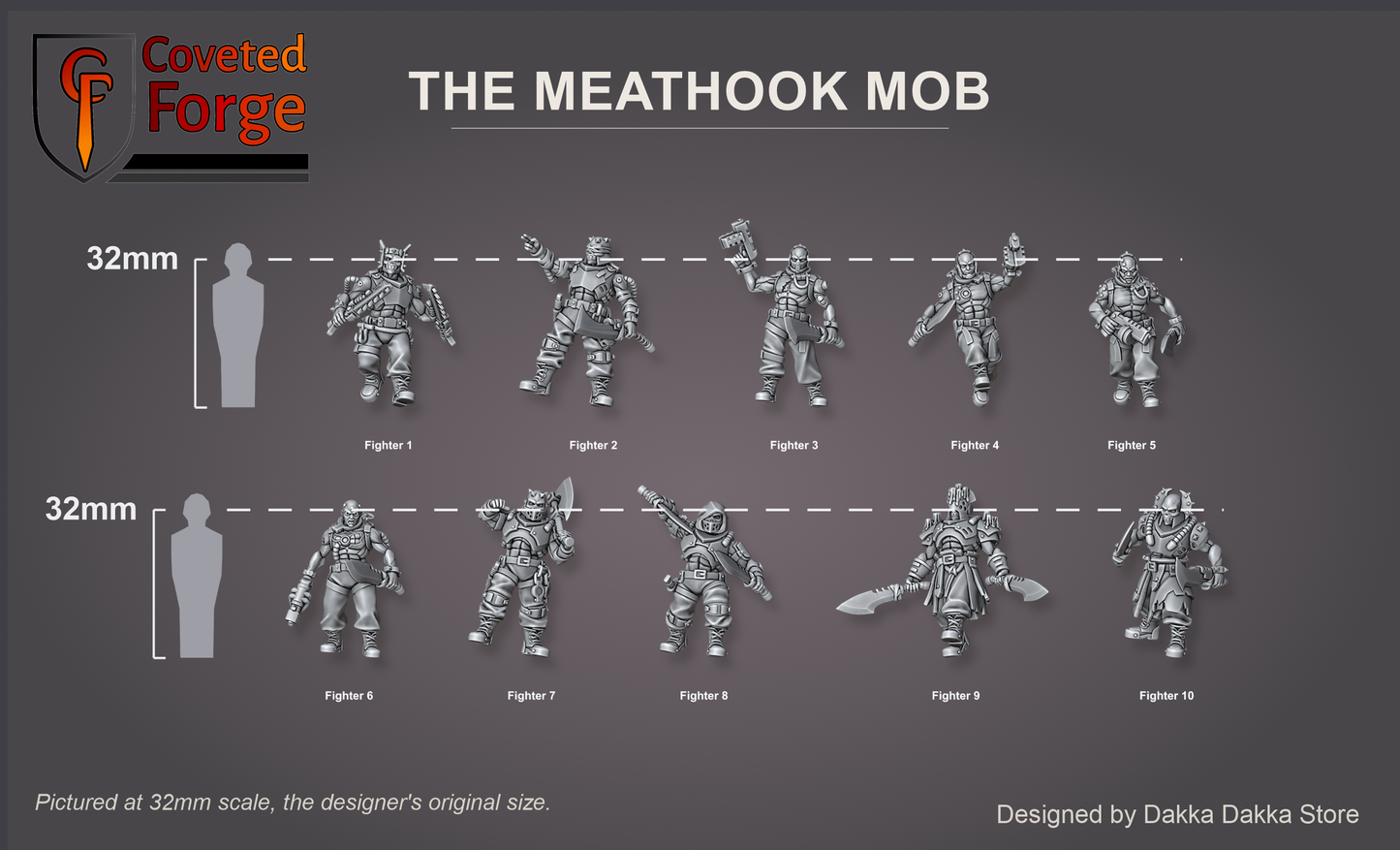 Coveted Forge scale reference: all ten Meathook Mob fighters labeled Fighter 1 to 10, shown for scale beside a 32mm human silhouette.