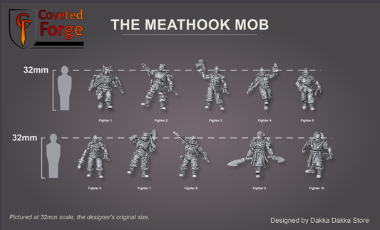 Coveted Forge scale reference: all ten Meathook Mob fighters labeled Fighter 1 to 10, shown for scale beside a 32mm human silhouette.
