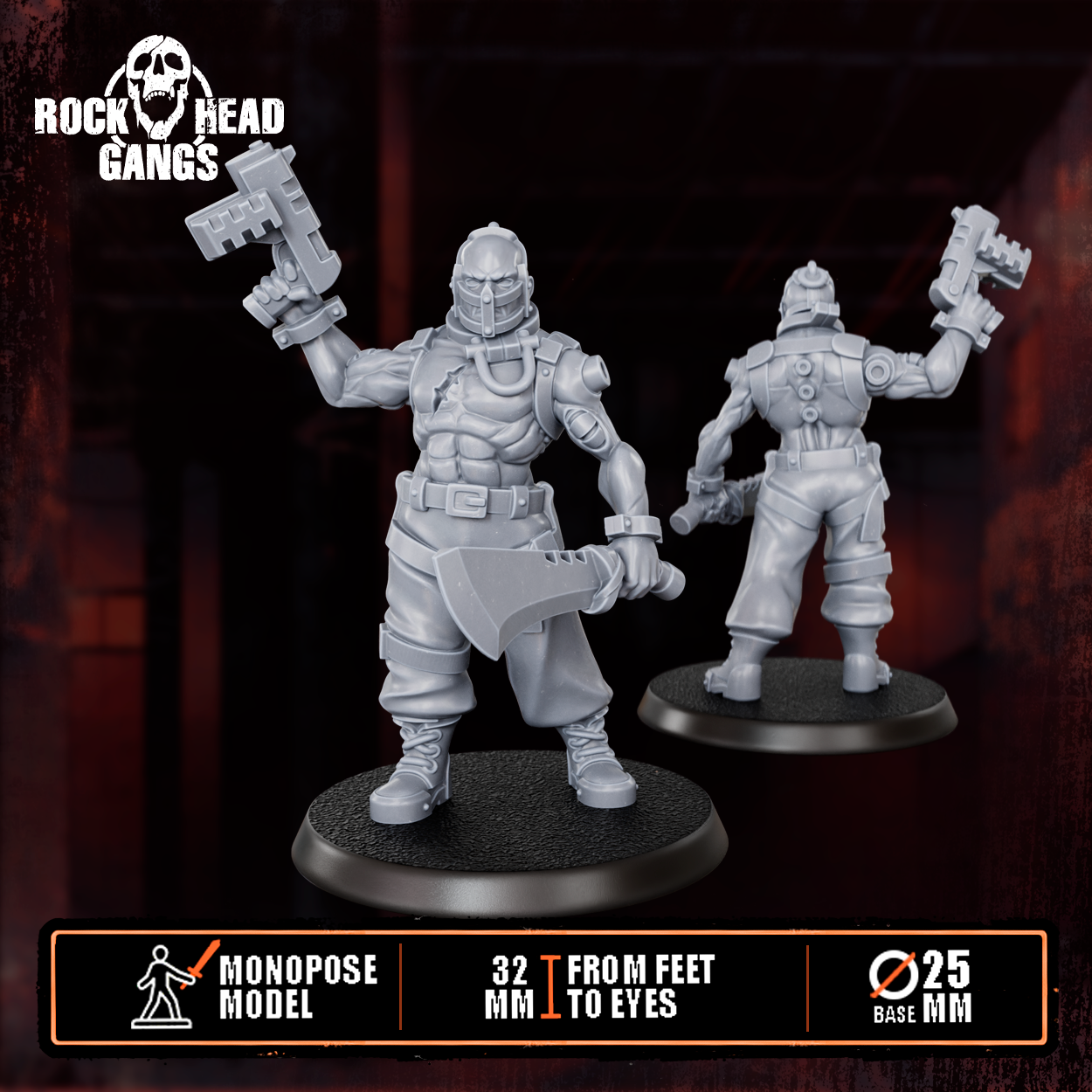 Render of The Meathook Mob Warrior | 32mm Sci-Fi Gang Proxy: A single sci-fi gang fighter with a cleaver and autopistol. 3D printed resin, used as a Redemptionist or zealot gang fighter proxy.