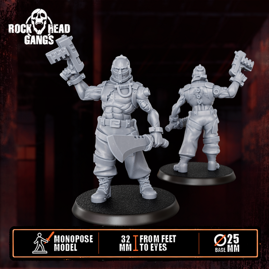 Render of The Meathook Mob Warrior | 32mm Sci-Fi Gang Proxy: A single sci-fi gang fighter with a cleaver and autopistol. 3D printed resin, used as a Redemptionist or zealot gang fighter proxy.