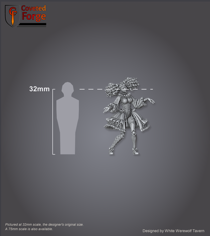 Scale reference: Mimette at 32mm scale beside a 32mm human silhouette