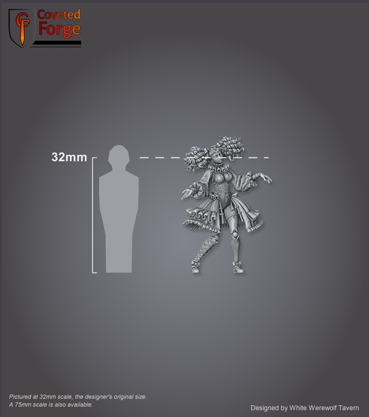 Scale reference: Mimette at 32mm scale beside a 32mm human silhouette