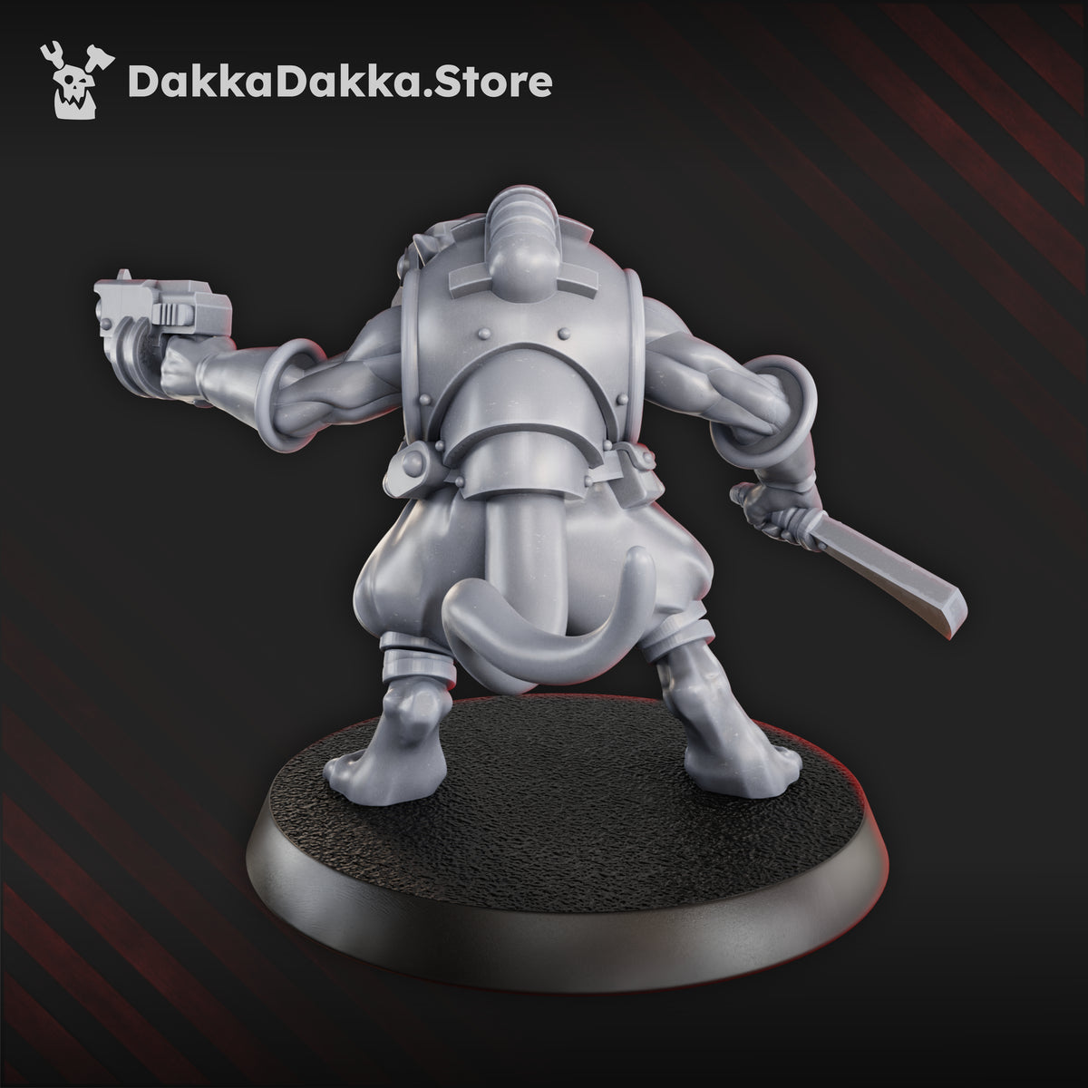 Unpainted Miner Rat 3D render, rear view showing the armoured back plate and tail.