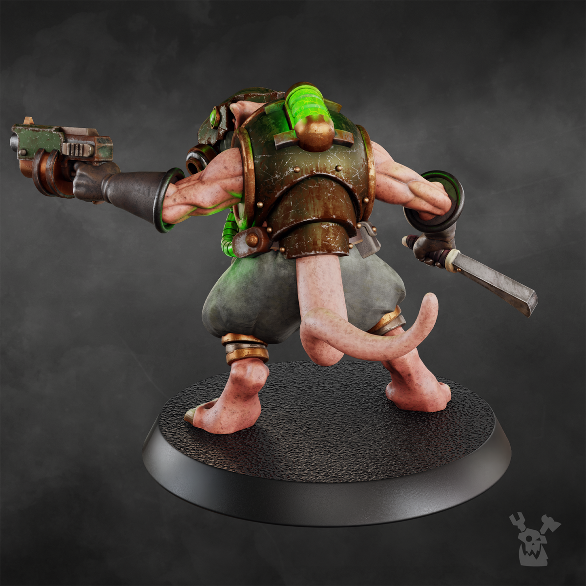 Painted Miner Rat, rear view with the green-lit air canister on the back plate.