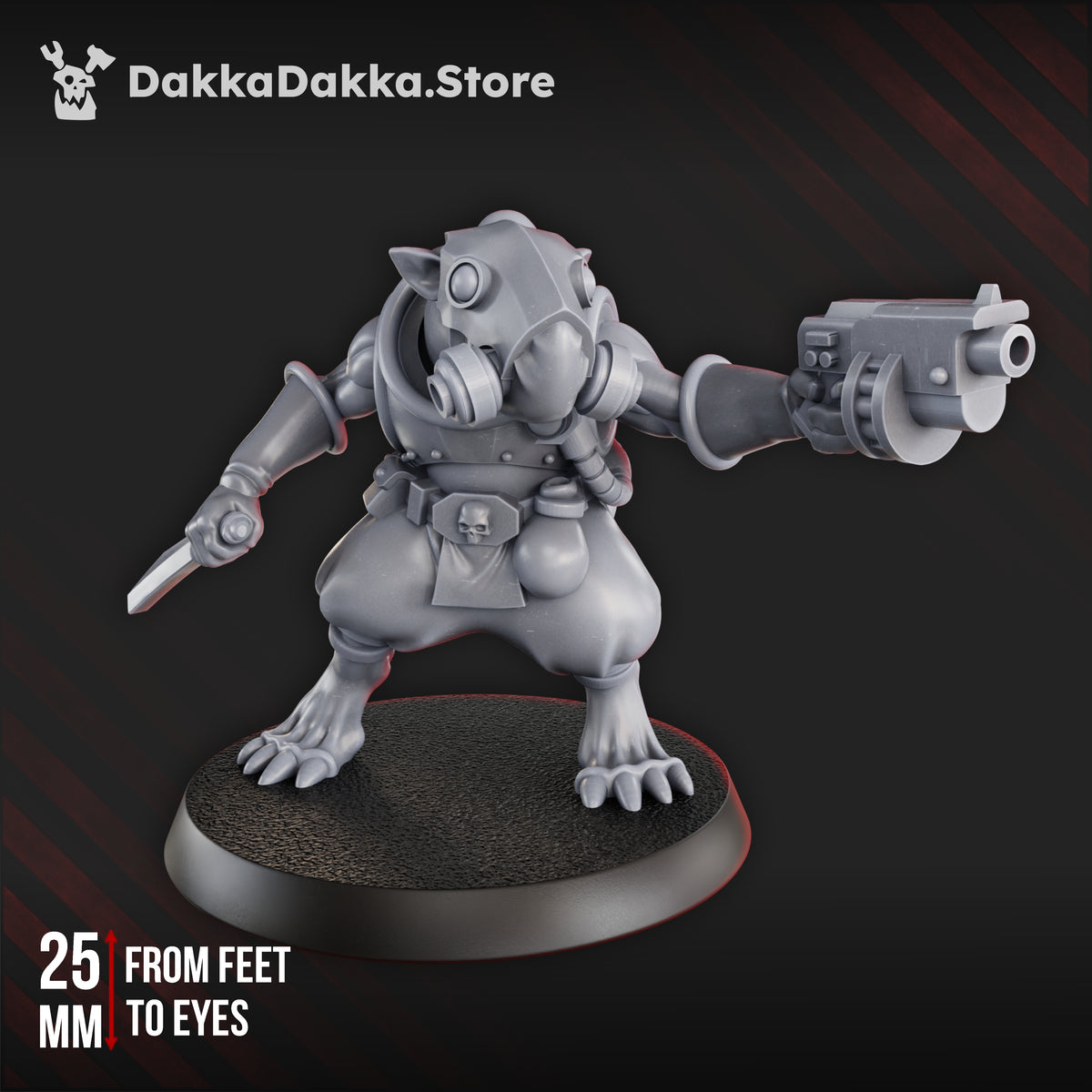 Unpainted Miner Rat 3D render, front view, 25 mm from feet to eyes.