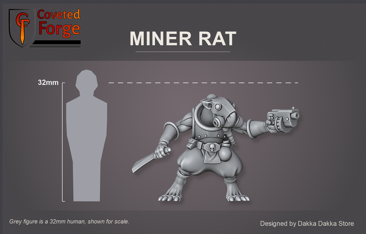 Miner Rat scale reference, front view, beside a 32mm human silhouette.