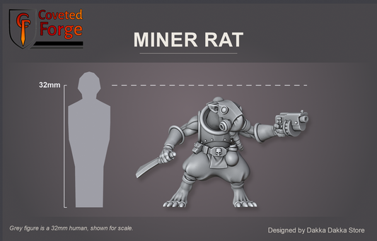 Miner Rat scale reference, front view, beside a 32mm human silhouette.