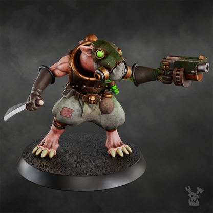 Painted Miner Rat, left three-quarter view of the gas mask and heavy pistol.
