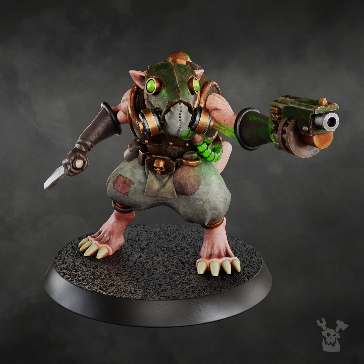 Painted Miner Rat, right three-quarter view of the knife arm and belt pouches.