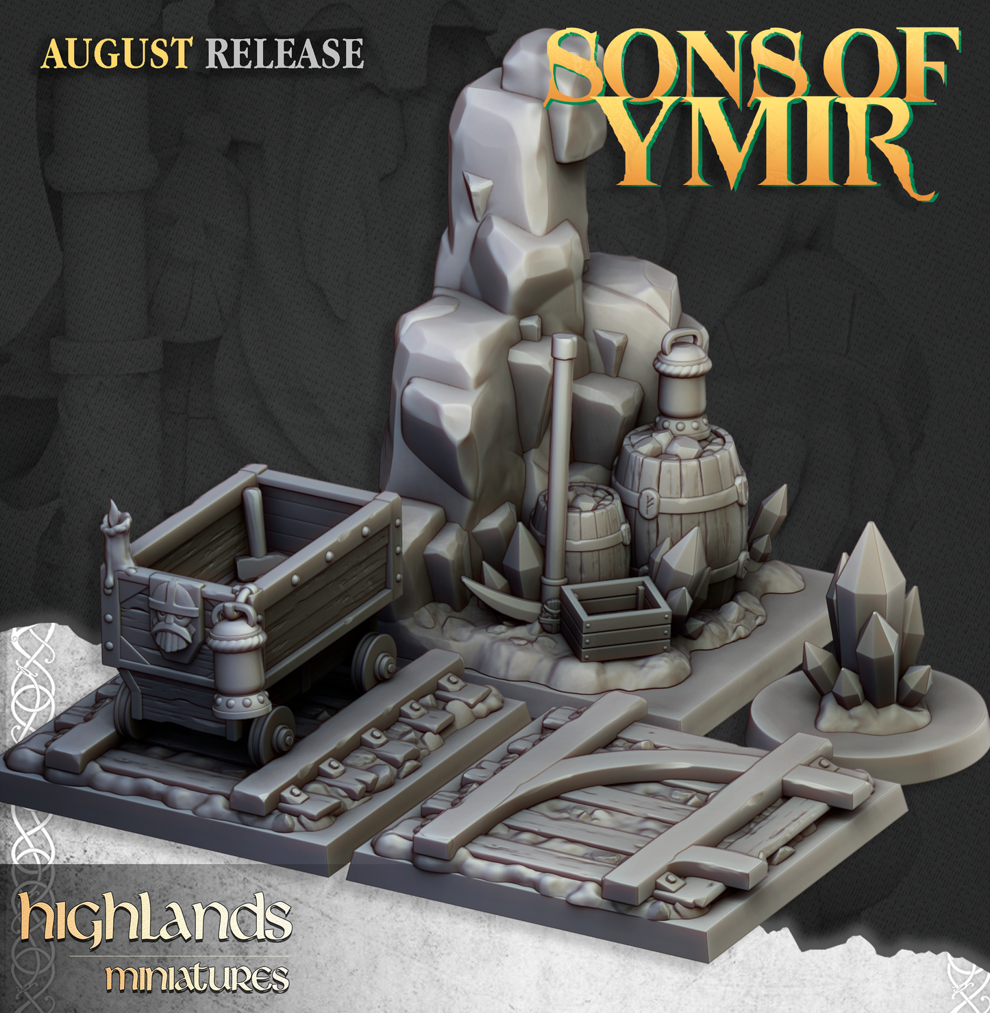 Render of Dwarf Battlefield Scatter Terrain | Scenery | Highlands: Dwarf scatter terrain dresses the table with barricades, a smoke marker, and mine rails, cart, and crystals. Kings of War, Age of Fantasy, Old World.