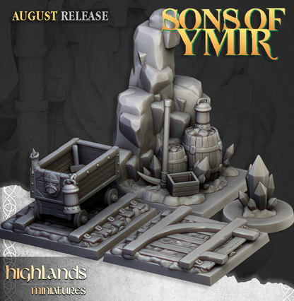 Render of Dwarf Battlefield Scatter Terrain | Scenery | Highlands: Dwarf scatter terrain dresses the table with barricades, a smoke marker, and mine rails, cart, and crystals. Kings of War, Age of Fantasy, Old World.