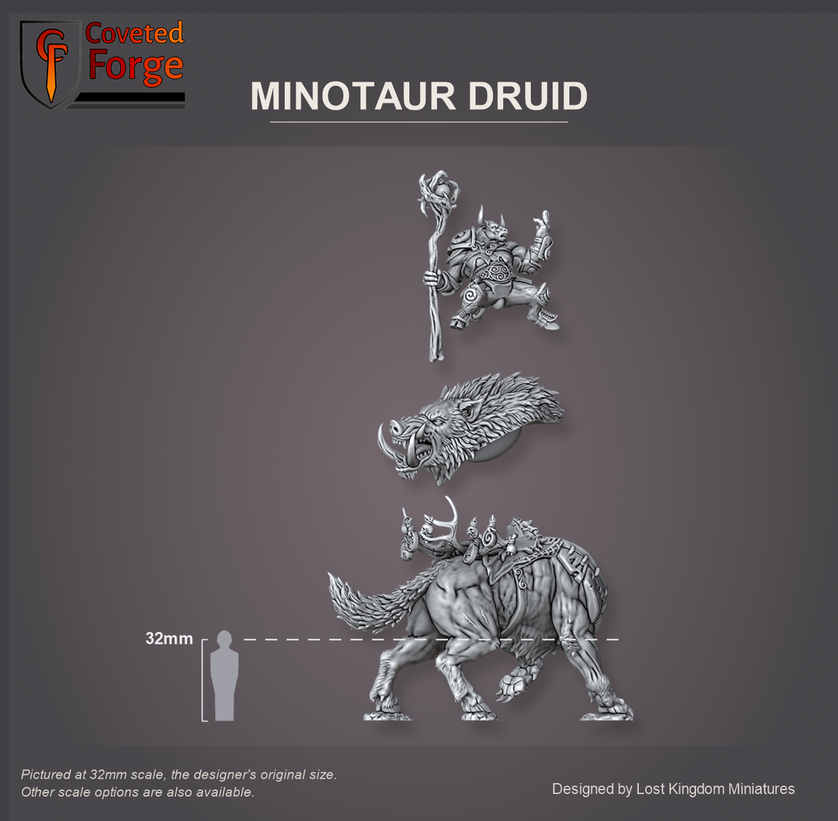 Coveted Forge scale reference: the Minotaur Druid's boar with its separate head and the rider floated above, front three-quarter view, beside a 32mm human silhouette