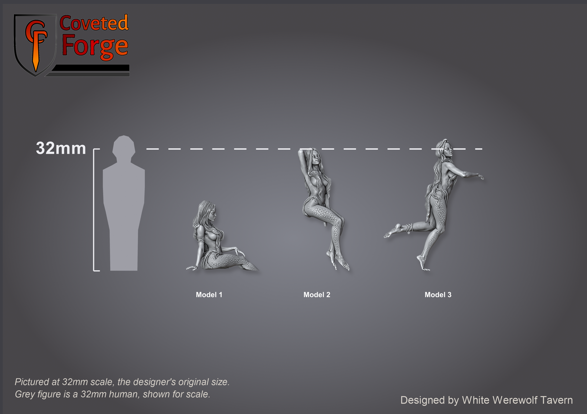 Scale reference: all three Drowned Mistresses at 32mm scale beside a 32mm human silhouette