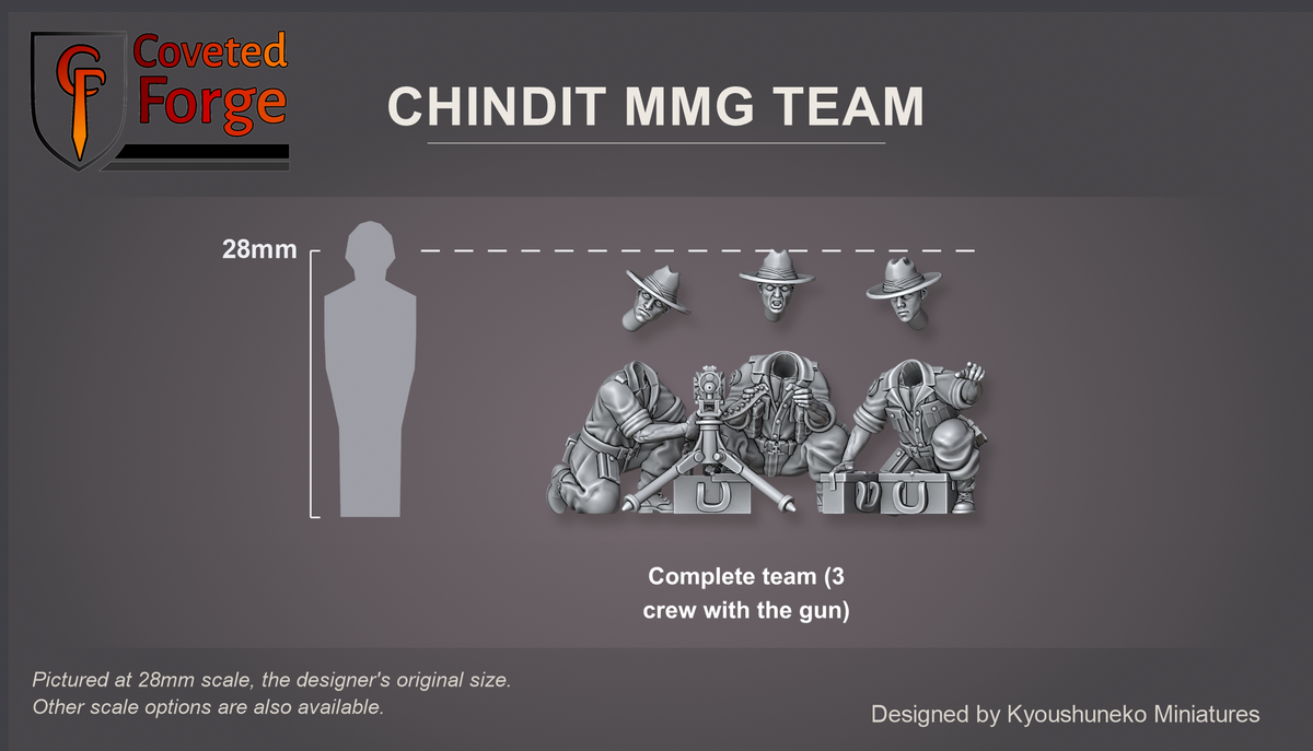 Chindit MMG Team: Coveted Forge 28mm scale reference lineup, the complete team shown with every model, the three crew with the tripod machine gun, front view, labelled beside a 28mm human silhouette, each separate slouch-hat head floated just above its body; 15mm and 23mm downscales and 32mm to 54mm upscales also available.
