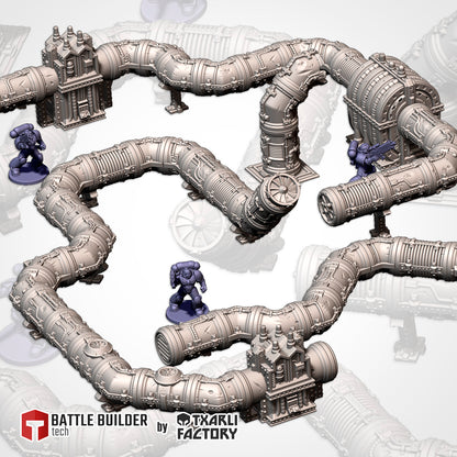 Modular Pipes full layout: pipe runs, elbows, vertical risers and generators beside 32mm figures (Txarli Factory render)