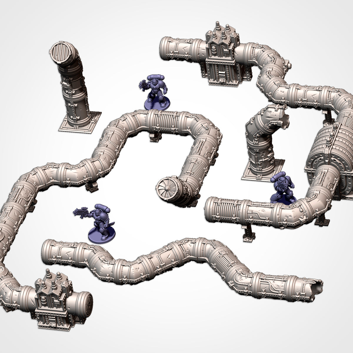 Modular Pipes layout with a vertical riser and generators beside 32mm figures (Txarli Factory render)