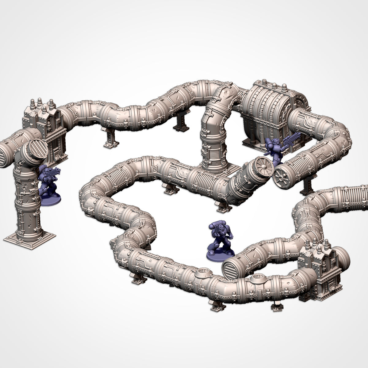 Modular Pipes pipe network around two generators and a riser beside 32mm figures (Txarli Factory render)