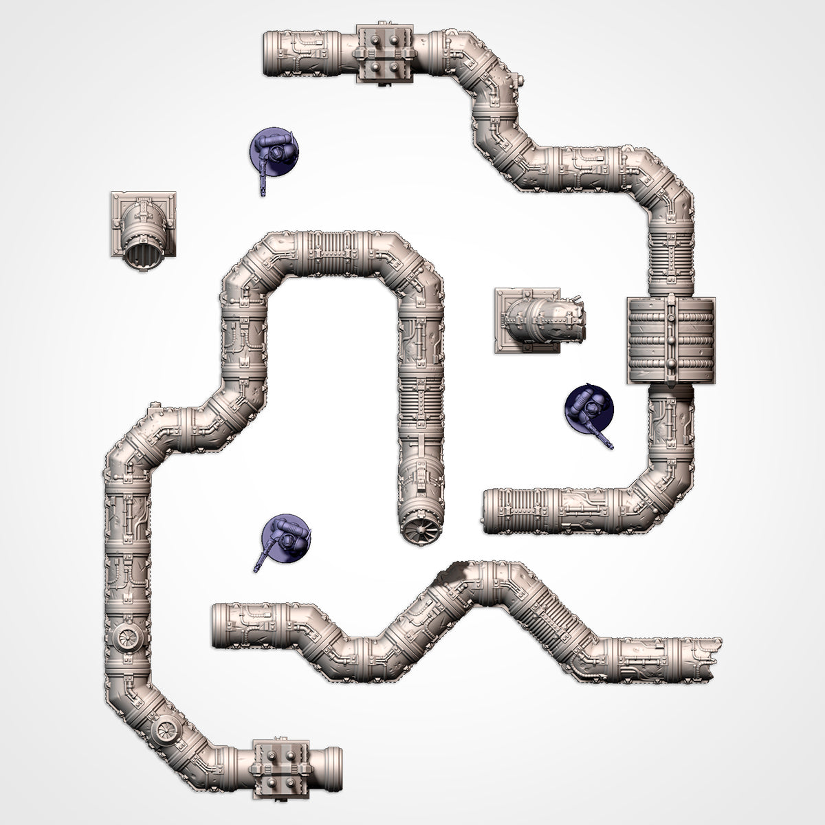 Modular Pipes top-down layout of pipe runs and generators beside 32mm figures (Txarli Factory render)