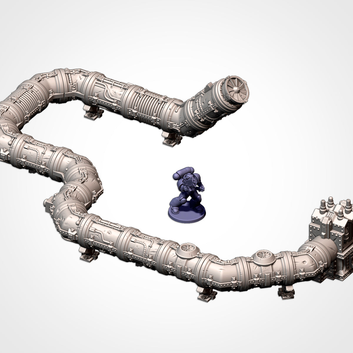 Modular Pipes run on low support legs ending at a generator beside a 32mm figure (Txarli Factory render)