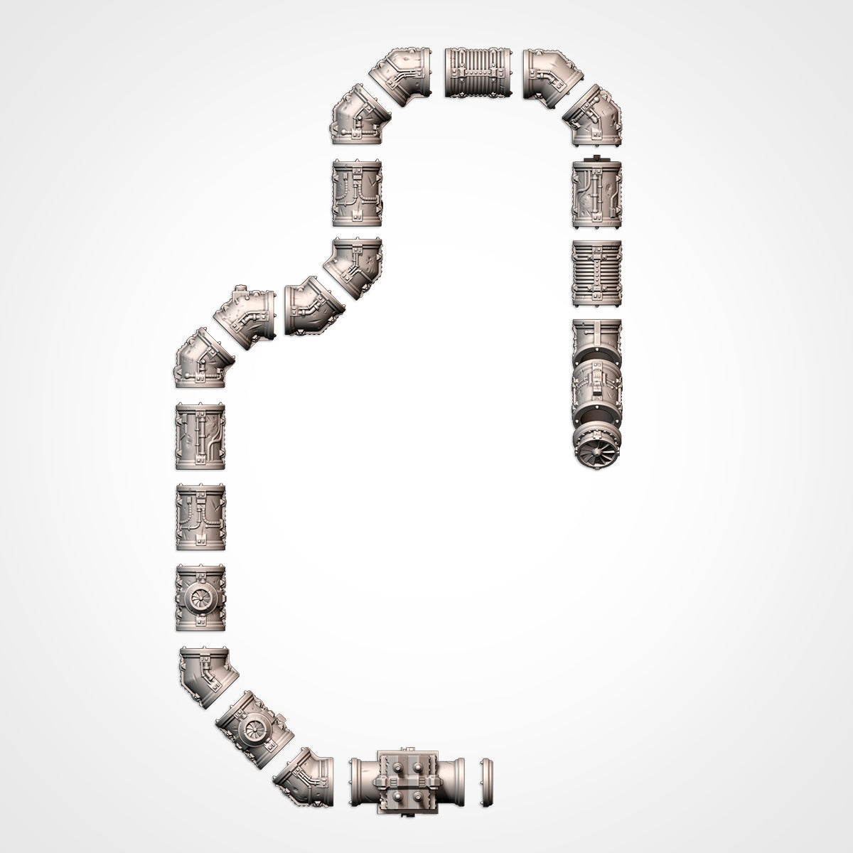 Modular Pipes top-down of every pipe section laid out in a run (Txarli Factory render)