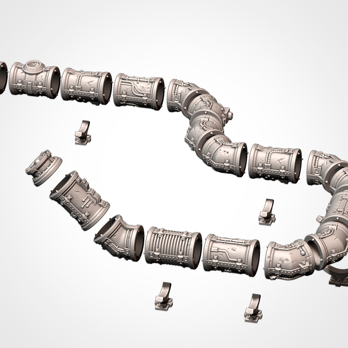 Modular Pipes exploded run showing pipe sections and low support legs (Txarli Factory render)