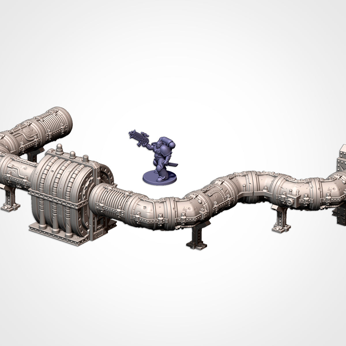 Modular Pipes run on tall support legs from a generator beside a 32mm figure (Txarli Factory render)