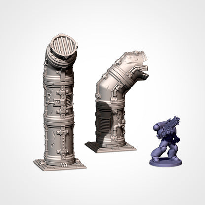 Modular Pipes vertical risers, one capped and one broken, beside a 32mm figure (Txarli Factory render)