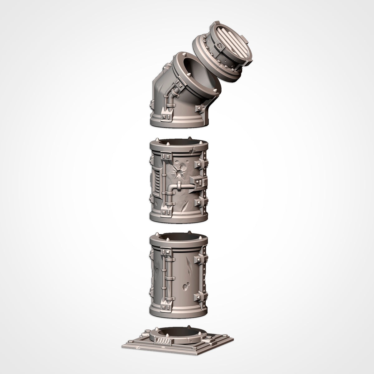 Modular Pipes riser exploded: floor tile, two pipe sections, elbow and end cap (Txarli Factory render)