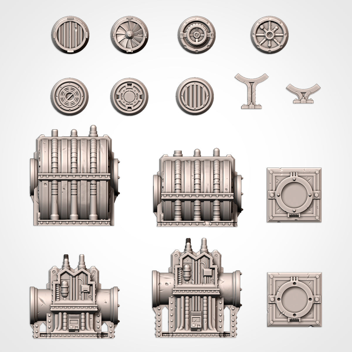 Modular Pipes end caps, support legs, generators and floor tiles (Txarli Factory render)