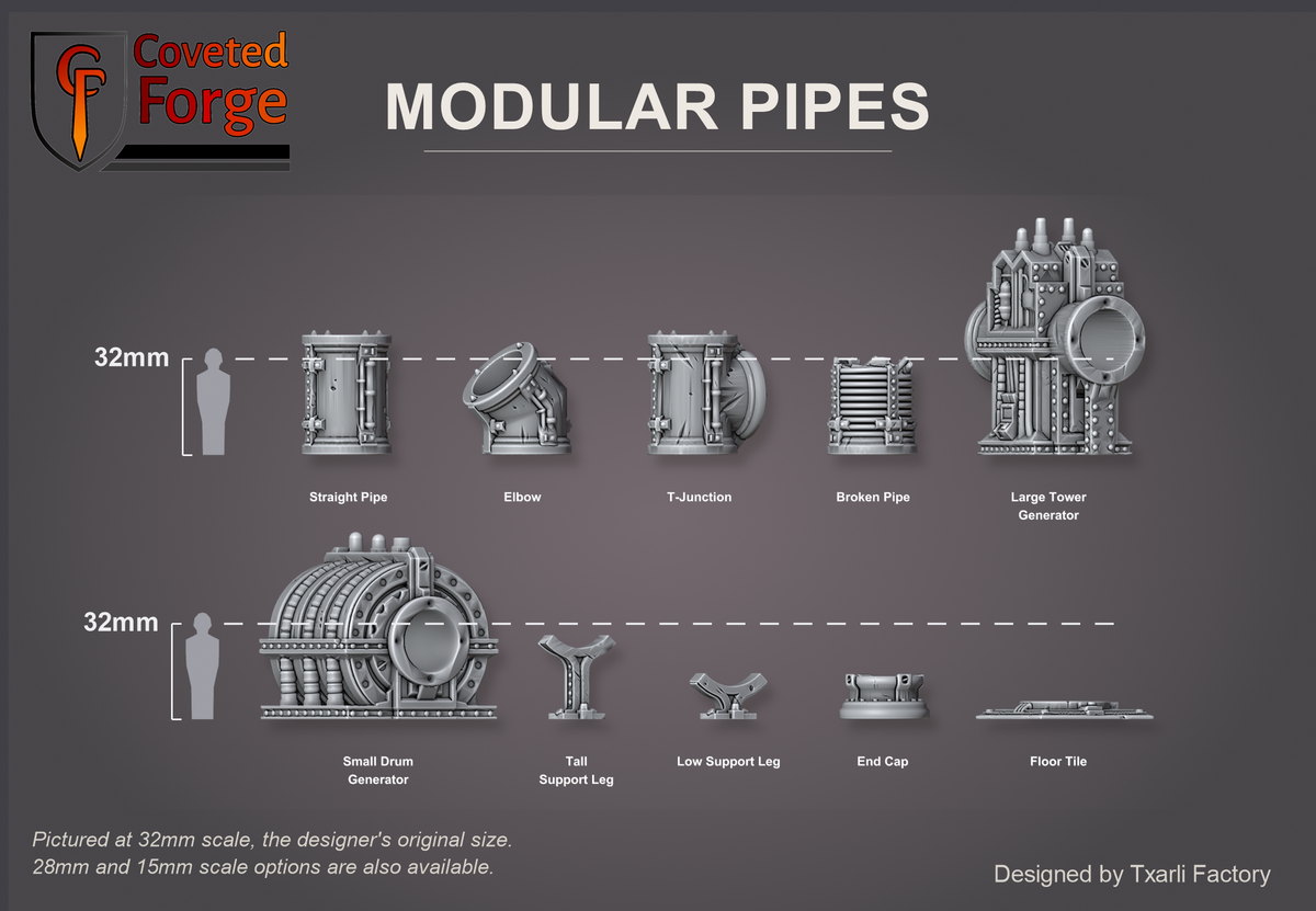 Modular Pipes scale lineup at 32mm, the original scale; 28mm and 15mm scale options are also available: one of each piece type labelled beside a 32mm figure silhouette; Large Tower Generator about 43 x 71 mm, 79 mm tall (Coveted Forge scale render)