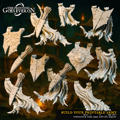 Goblin Cloaks bits set: plain cloaks, archer cloaks with quivers, shield cloaks and back shields by The Printing Goes Ever On