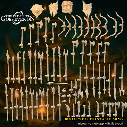 Goblin Weapons bits set by The Printing Goes Ever On: axes, battleaxes, bows, daggers, forked spears, polearms, shields, spears, swords and hands