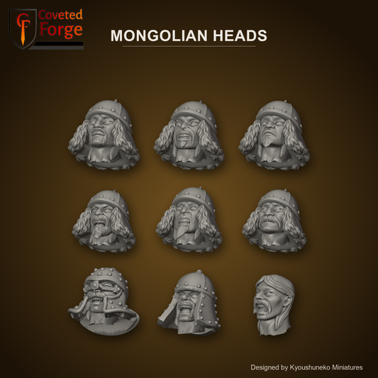 Mongolian Heads by Kyoushuneko Miniatures: all 9 of its different heads in warm clay on a dark steppe-gold backdrop, unpainted 3D-printed resin heads with neck pegs for 28mm, 32mm and 35mm conversions.