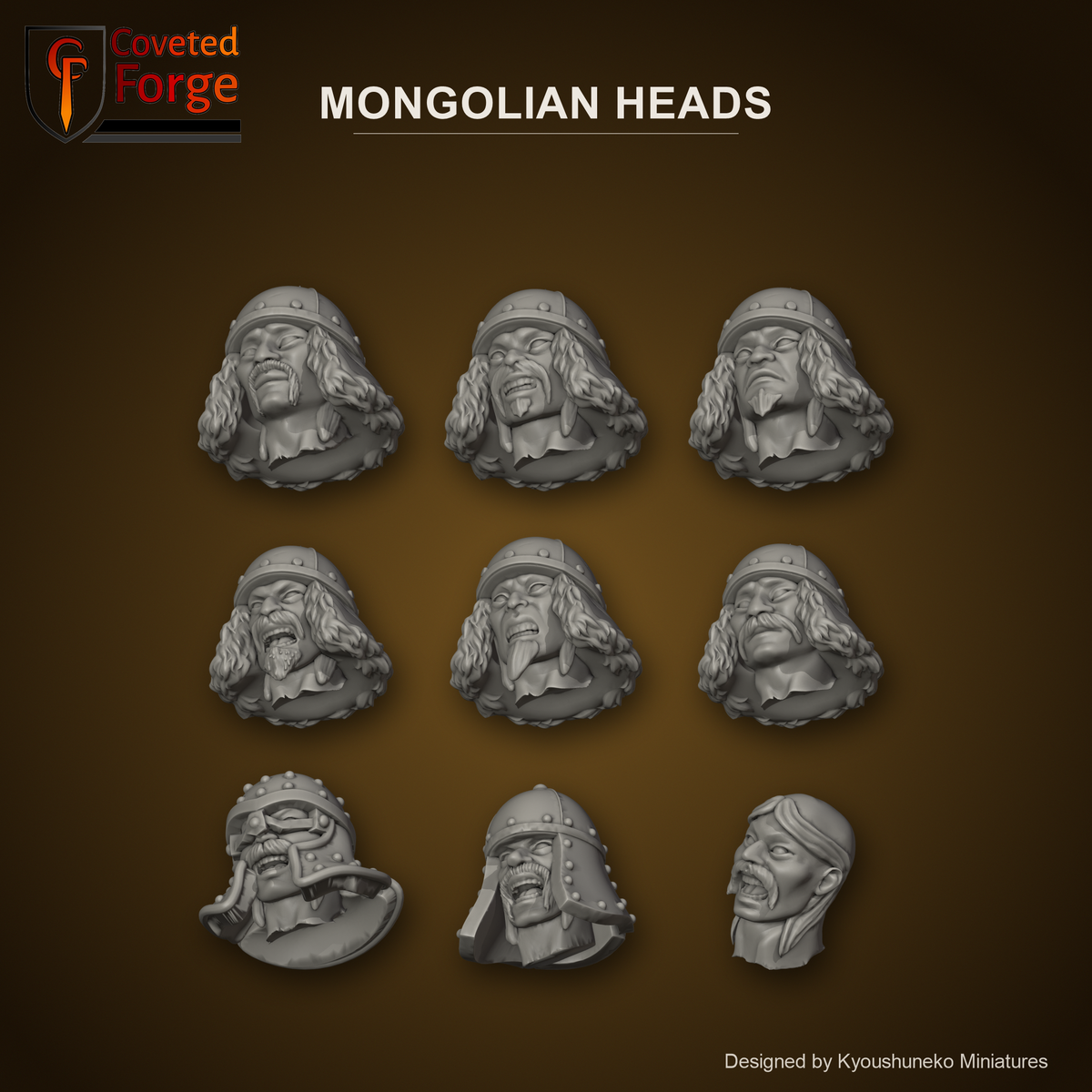 Mongolian Heads by Kyoushuneko Miniatures: all 9 of its different heads in warm clay on a dark steppe-gold backdrop, unpainted 3D-printed resin heads with neck pegs for 28mm, 32mm and 35mm conversions.