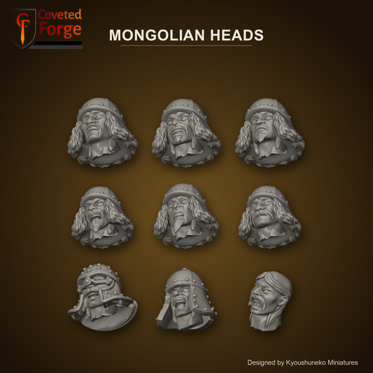 Mongolian Heads by Kyoushuneko Miniatures: all 9 of its different heads in warm clay on a dark steppe-gold backdrop, unpainted 3D-printed resin heads with neck pegs for 28mm, 32mm and 35mm conversions.