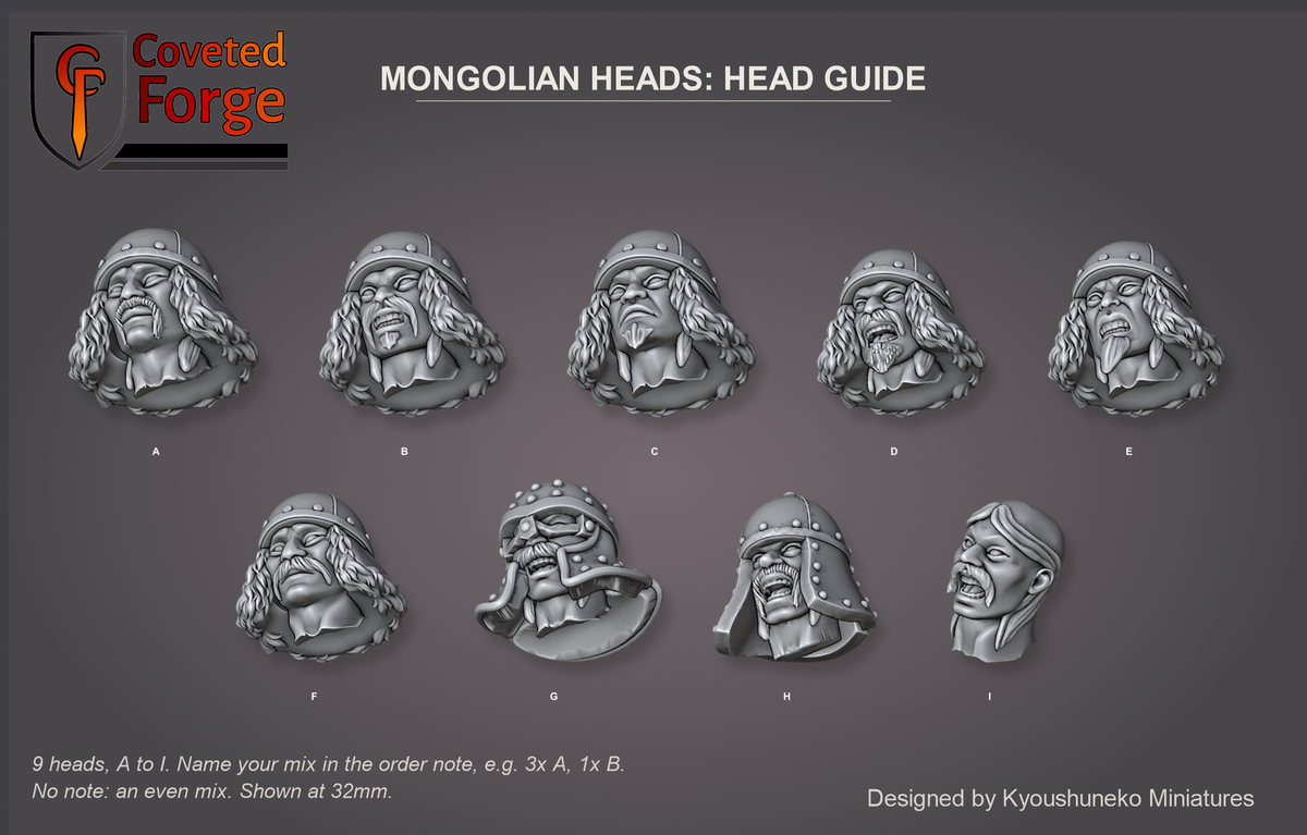 Coveted Forge bits sheet: Heads (1 of 1), Mongolian Heads head guide, 9 different heads lettered A to I to name in the order note, shown at 32mm, resin heads by Kyoushuneko Miniatures.