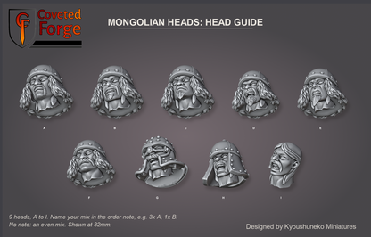 Coveted Forge bits sheet: Heads (1 of 1), Mongolian Heads head guide, 9 different heads lettered A to I to name in the order note, shown at 32mm, resin heads by Kyoushuneko Miniatures.