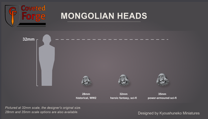 Coveted Forge scale reference: one Mongolian light cavalry head at 28mm, 32mm and 35mm scale beside a 32mm human silhouette, front three-quarter view, each scale labelled with the ranges it suits; 32mm is the designer's original size, 28mm and 35mm options are also available; every head is the same scale.