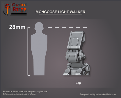 Coveted Forge scale reference: one Mongoose Light Walker leg at 28mm beside a 28mm human silhouette; a multi-part kit, see the designer's parts sheet and 66 mm size reference; also offered from 15mm to 54mm