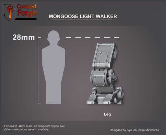 Coveted Forge scale reference: one Mongoose Light Walker leg at 28mm beside a 28mm human silhouette; a multi-part kit, see the designer's parts sheet and 66 mm size reference; also offered from 15mm to 54mm